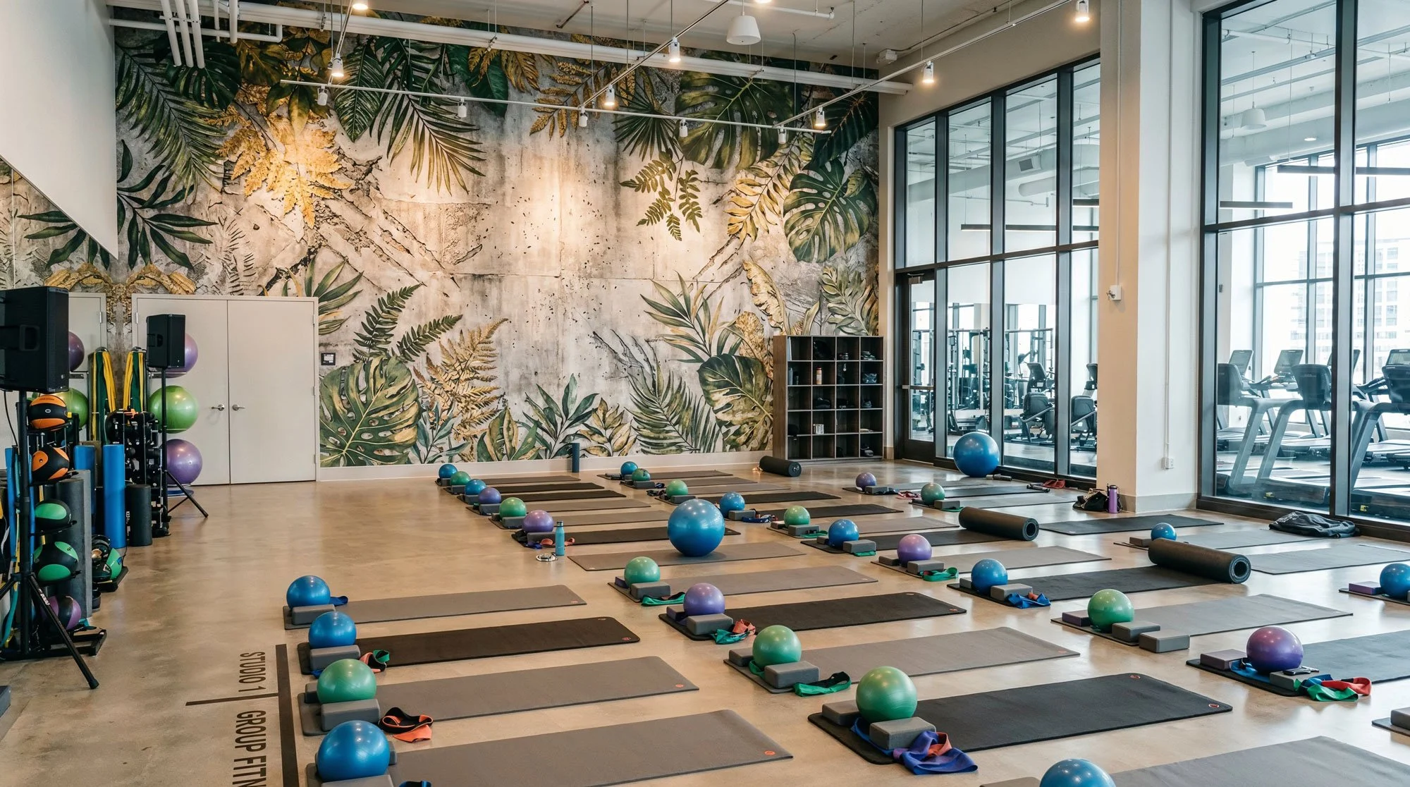 Innenraum eines Cafés mit stilvoller Wandmalerei in Blau- und Beigetönen, holzgedeckten Tischen, bequemen Stühlen und warmem Licht von Papier-Lampen.