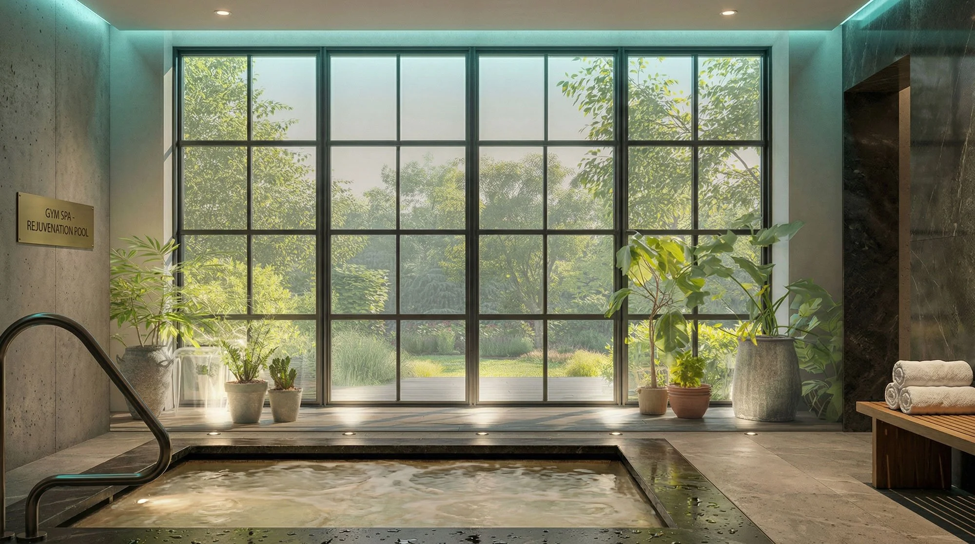 Innenraum eines Spa mit Blick auf einen Garten, große Fenster, Pflanzen, Whirlpool, Handtücher auf einer Bank.