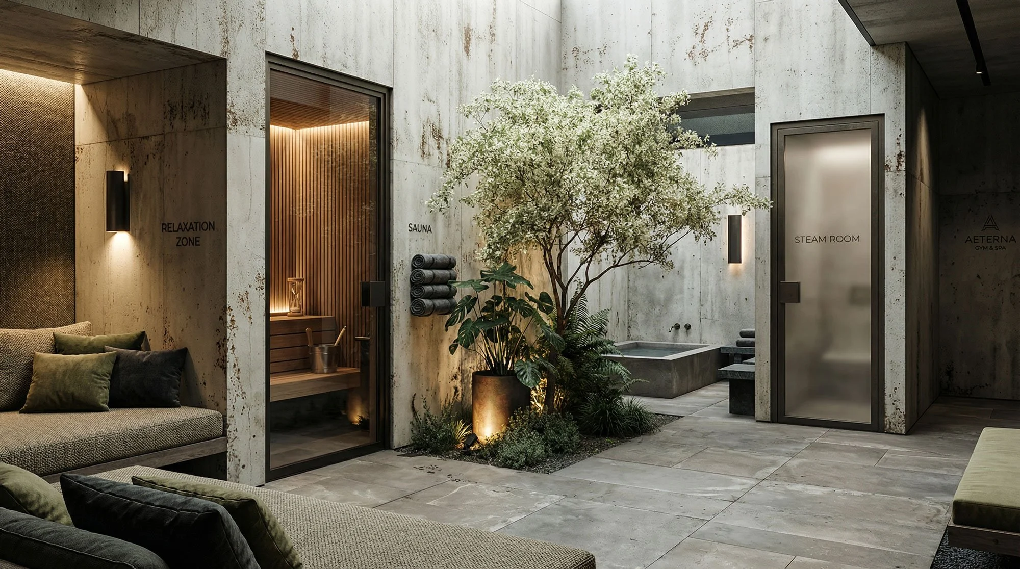 Innenraum eines Wellnessbereichs mit Sauna, Dampfraum und Entspannungszone, moderne Architektur mit Betonwänden, Pflanzen und gedämpftem Licht.
