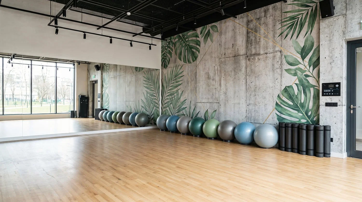Leerer Fitnessraum mit Holzfußboden, Wandmalerei mit Blättern, großen Spiegel, Yoga- und Gymnastikbällen, schwarzen Fitnessmatten und Fenster mit Blick ins Freie.