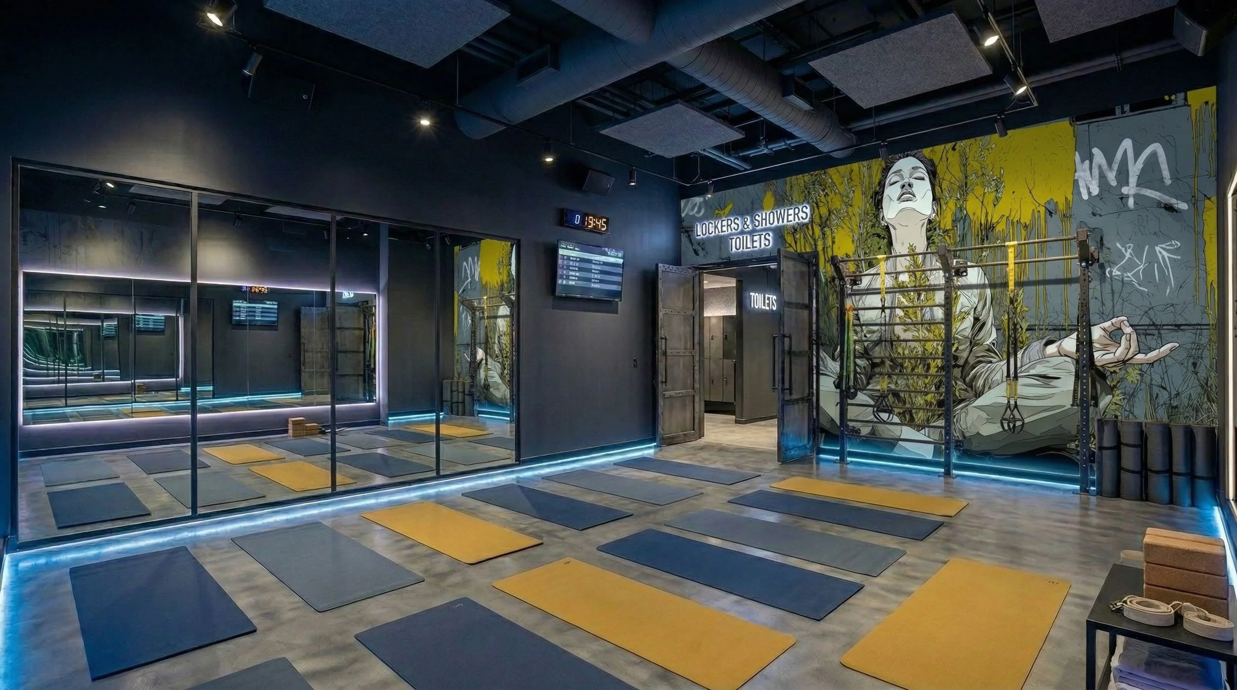 Fitnessraum mit Yogamatten auf dem Boden, Spiegelwand und Wandgemälde einer Frau im Meditationstil, Spiegel reflektieren den Raum, Beleuchtung, Fenster, digitales Uhrendisplay