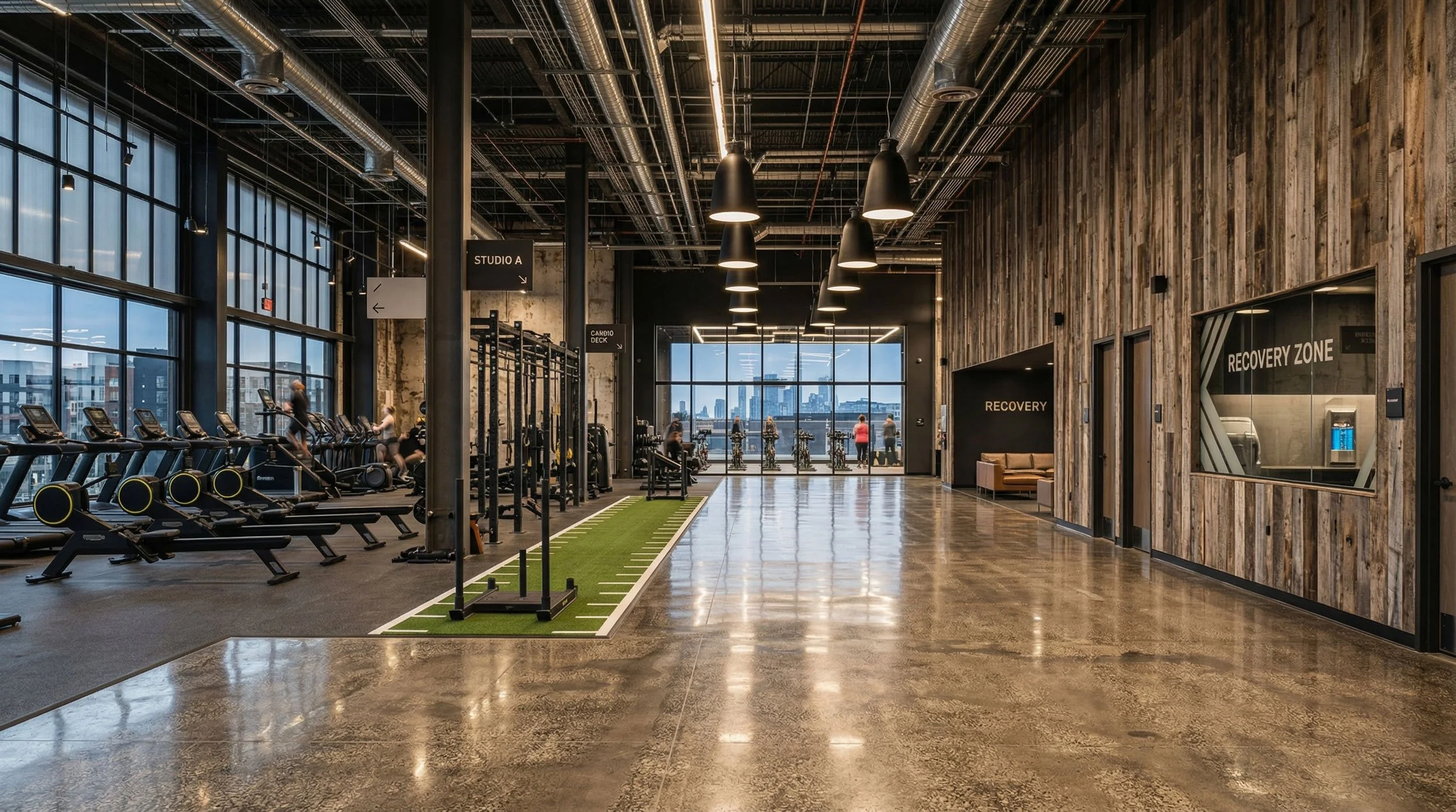 Innenansicht eines modernen Fitnessstudios mit Laufbändern, Kraftgeräten und einem Trainingsbereich, Holz wände, große Fenster mit Blick auf die Stadt, dunkle Decken mit sichtbaren Lüftungsrohren, Empfangsbereich mit Sitzgelegenheit.
