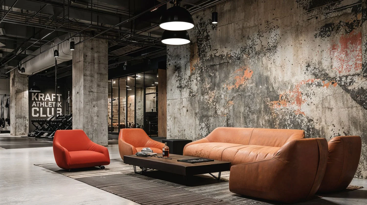 Modernes Fitnessstudio mit rustikalem Stil, braunen Ledersofas und roten Sessel im Wartebereich, gym-Ausrüstung im Hintergrund