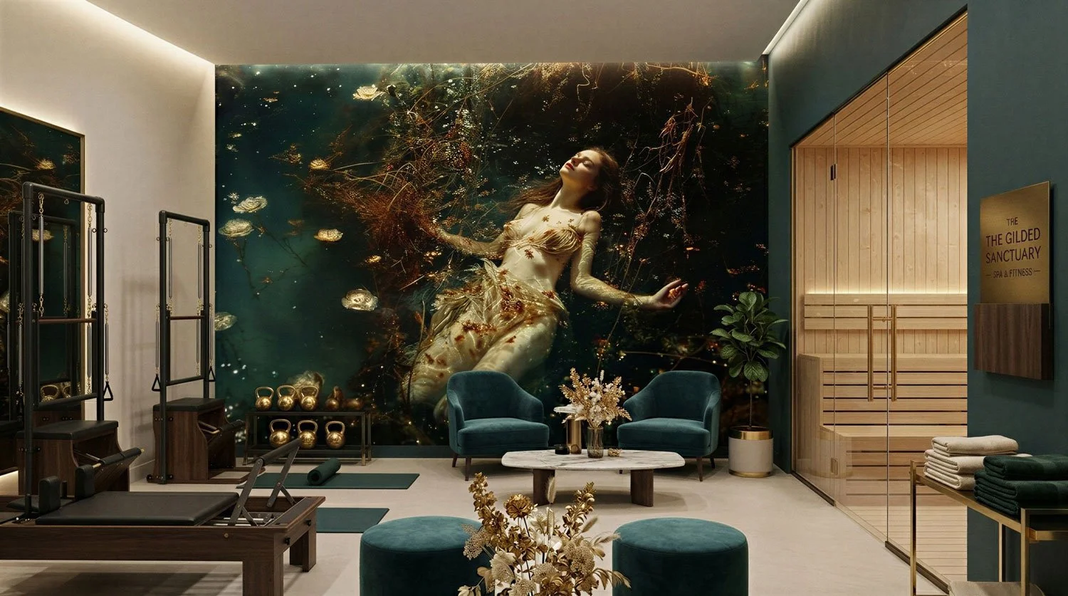 Ein Spa-Raum mit einem großen, künstlerischen Wandbild einer Frau, die im Wasser liegt, umgeben von Wasserpflanzen und glitzernden Strukturen. Der Raum ist modern eingerichtet mit blauen Sesseln, einem Couchtisch mit Blumen, einer Holzsauna, Handtüch