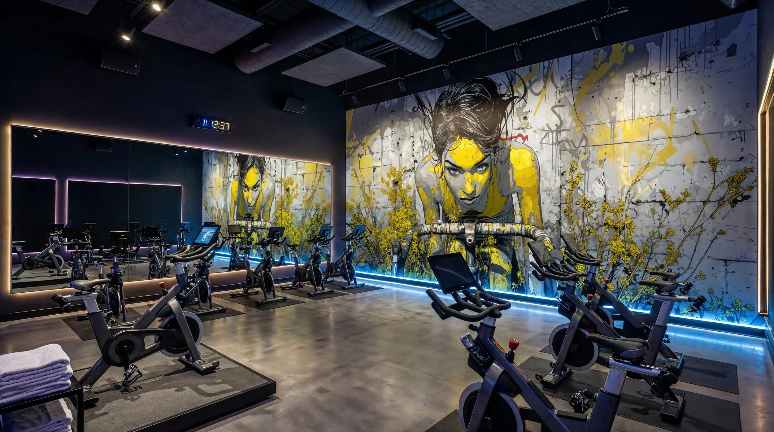 Fitnessstudio mit Spinningrädern vor einer Wand mit einem großen Graffiti einer Frau, die sich auf ein Fahrrad konzentriert.