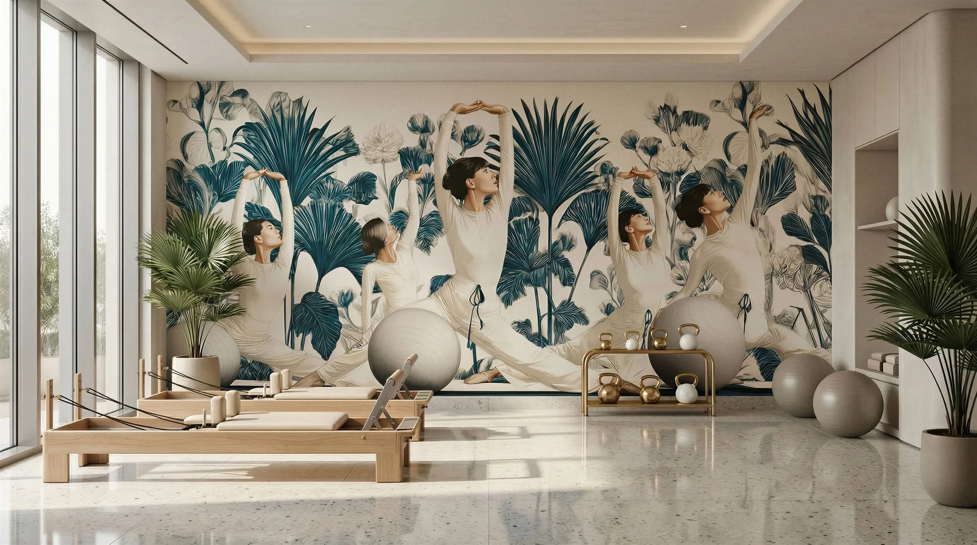 Ruhiger Yoga- oder Meditationsraum mit großen Pflanzen, einer Wandmontage von Frauen in Yoga-Posen vor einer Pflanzenwand, Sonnenlicht durch große Fenster, bequeme Liegeflächen und dekorative Ketten. 