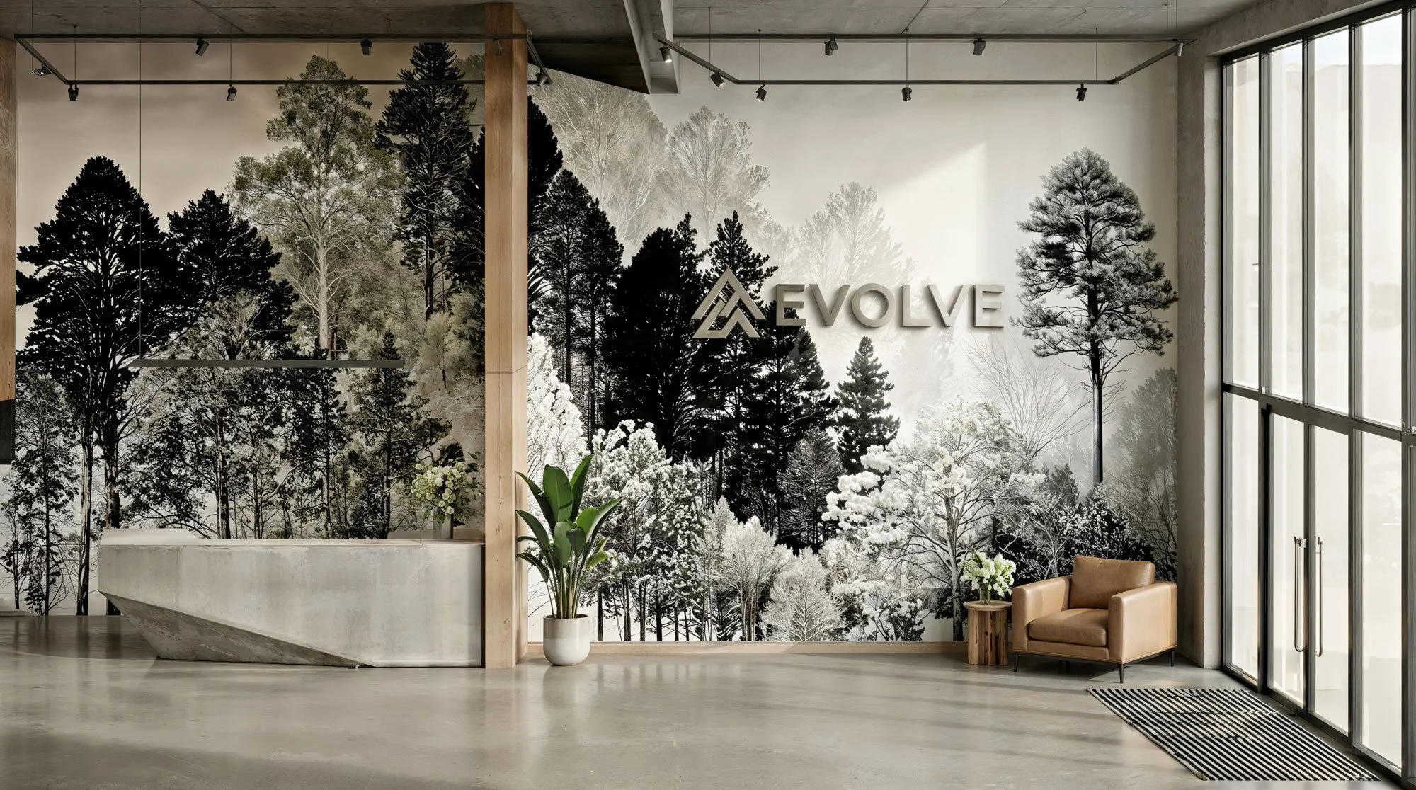 Moderne Lobby mit Natur-Wallpaper, einem Büro-Logo, Pflanzen, einem Sessel und großen Fenstern.