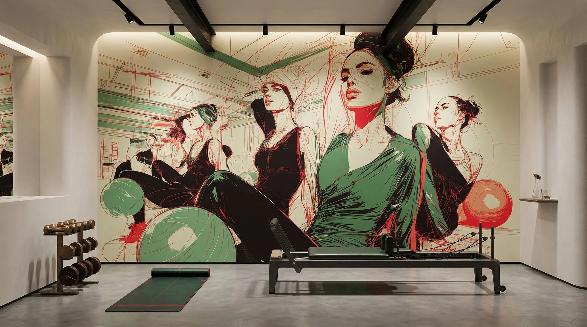 Fitnessraum mit großem Wandbild von fünf stilisierten Frauen, die Workout-Übungen mit Gymnastikbällen machen, und Trainingsgeräten im Vordergrund.