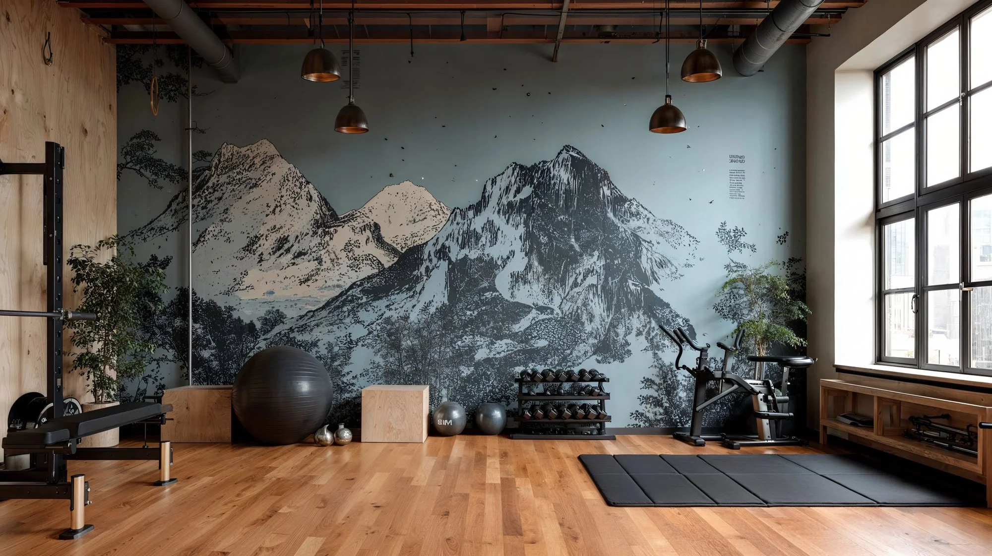 Ein Fitnessraum mit Holzfußboden, einer Wand mit Berglandschaft, einem schwarzen Ball, mehreren Hanteln, einem Heimtrainer, Fitnessmatten und Pflanzen.