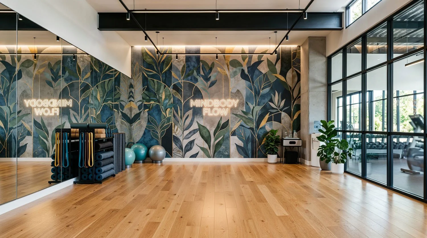 Innenraum eines Fitnessstudios mit Holzboden, Wand mit Blättermuster, Neon-Schilder 'Mindbody Flow', Fitnessgeräte, Bälle, Pflanzen, Spiegel und große Fenster