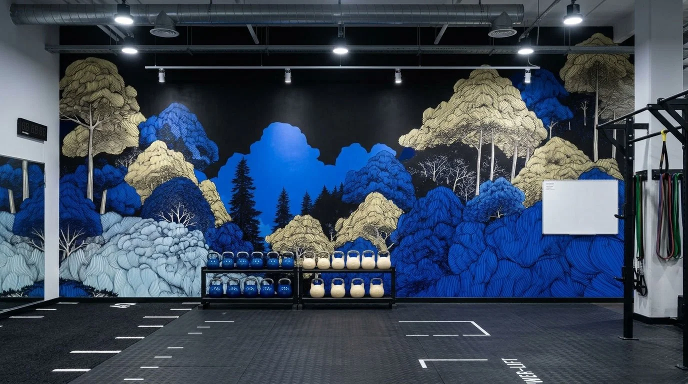 Innenraum eines Fitnessstudios mit einer Wandmalerei von Bergen und Bäumen in Blau- und Beigetönen, auf dem Boden sind Markierungen für Trainingseinheiten, in der Mitte stehen Kettlebells in Blau und Beige, auf der rechten Seite hängen Widerstände an