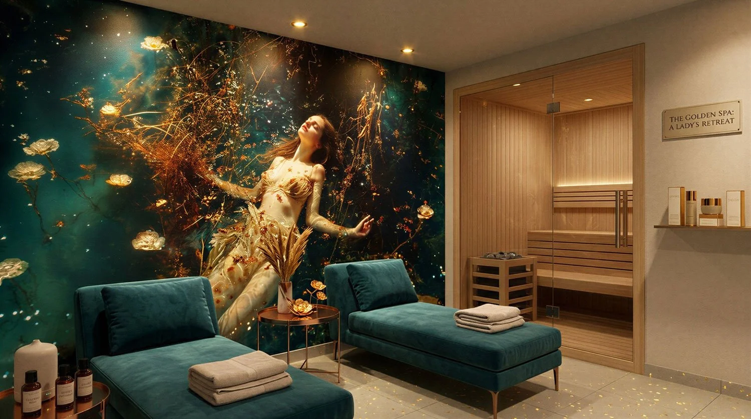 Ein Spa-Raum mit einer großen, bunten Wanddekoration, die eine verträumte Frau zeigt, umgeben von goldenen Blumen und Leuchten. Es gibt zwei blaue Liegen, einen kleinen runden Tisch mit Dekorationsgegenständen, Handtücher, Spa-Produkte, eine Holzsitzbank in einem Saunaraum, und eine Wandtafel mit der Aufschrift "The Golden Spa: A Lady's Retreat".