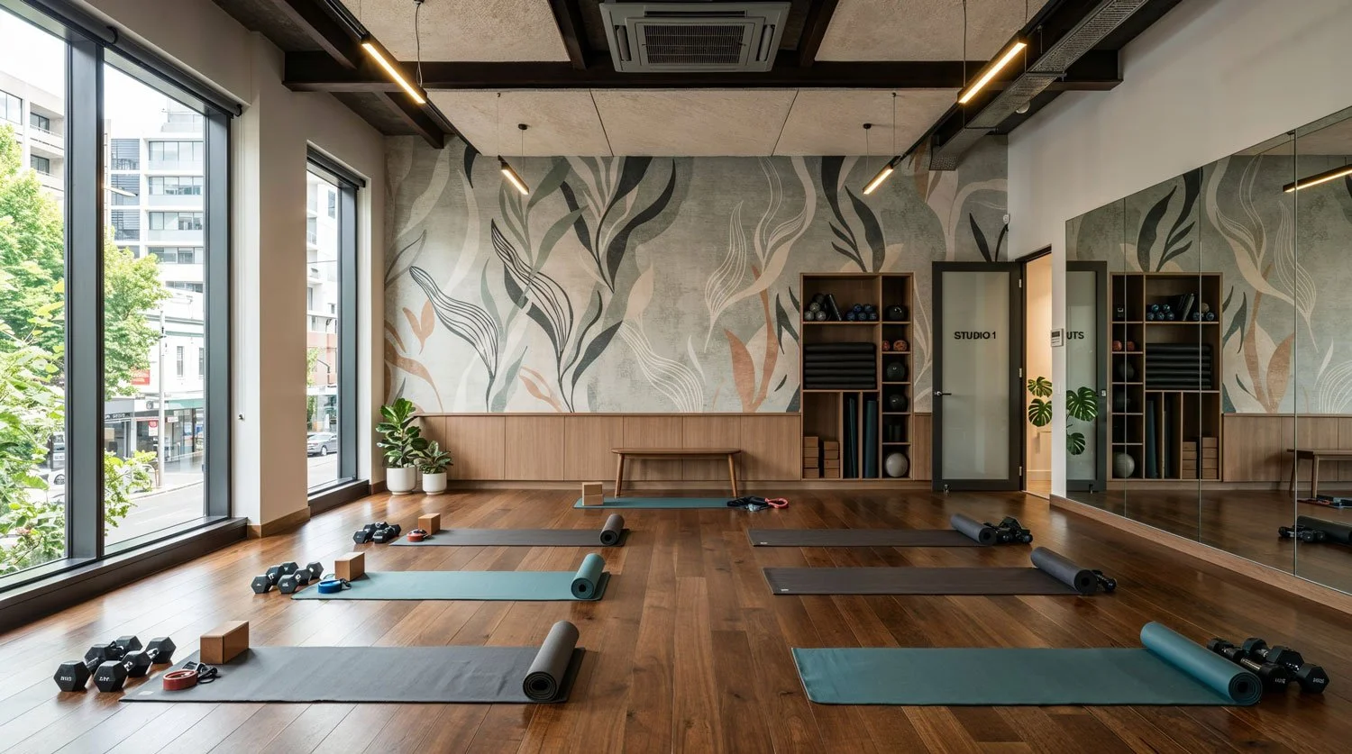 Fitnessraum mit Yoga-Matten, Hanteln und Trainingszubehör, Spiegel an der Wand, große Fenster mit Blick nach draußen, dekorative Wandgestaltung, Pflanzen, Holzfußboden.