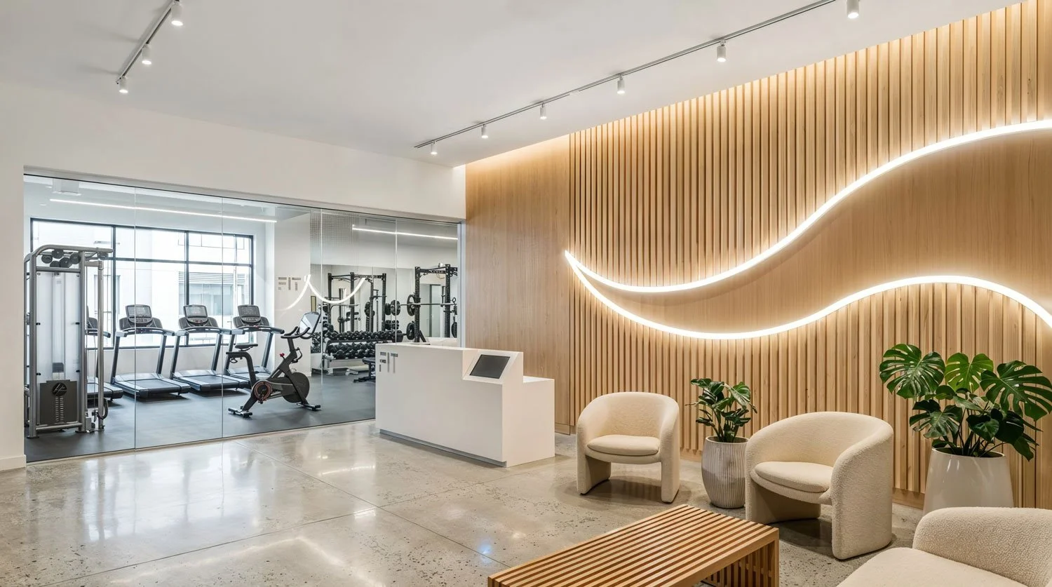 Modernes Fitnessstudio mit Empfangsbereich, weißen Sesseln, Pflanzen und einer Holz-Wand mit LED-beleuchteten Wellenmuster, im Hintergrund Trainingsgeräte und Spiegel