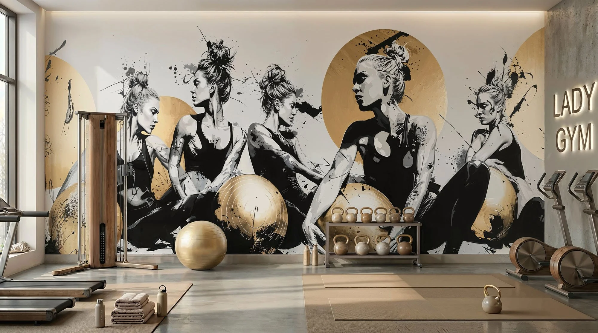 Bewegtes Wandbild in einem Fitnessstudio mit fünf Frauen in schwarzen Sportoutfits, umgeben von Gold- und Schwarzakzenten, mit Gymnastikbällen, Hanteln und Trainingsmatten im Vordergrund.