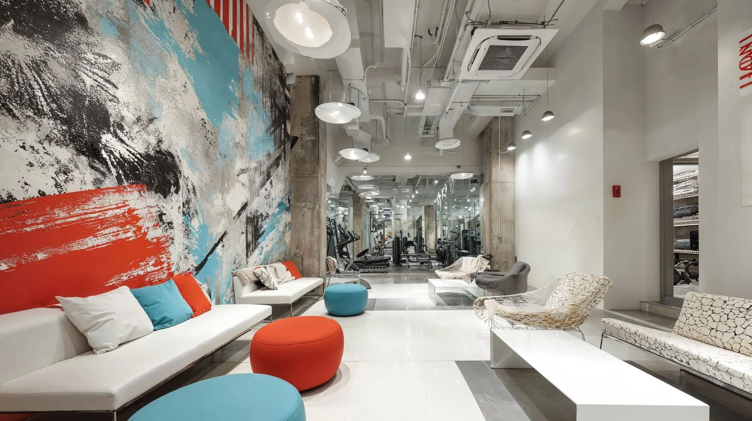 Modernes Fitnessstudio mit Sitzbereich, bunte Sessel und einem großen Wandbild im Hintergrund.