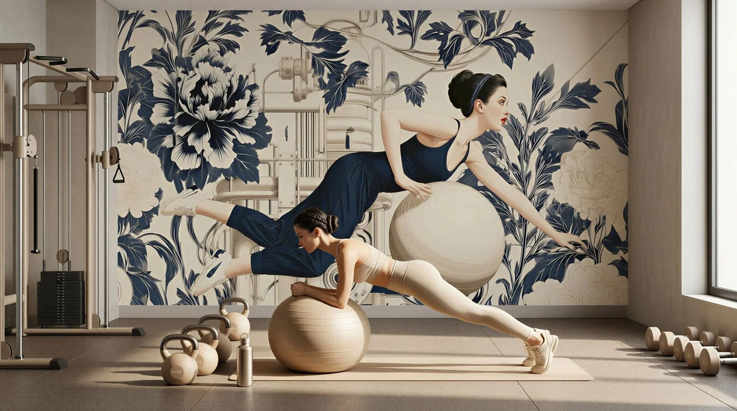 Zwei Frauen trainieren im Fitnessstudio mit Gymnastikbällen, Kettlebells und Hanteln. Im Hintergrund ist eine Wand mit blauen Blumenmuster. Große Fenster lassen Licht ins Zimmer.