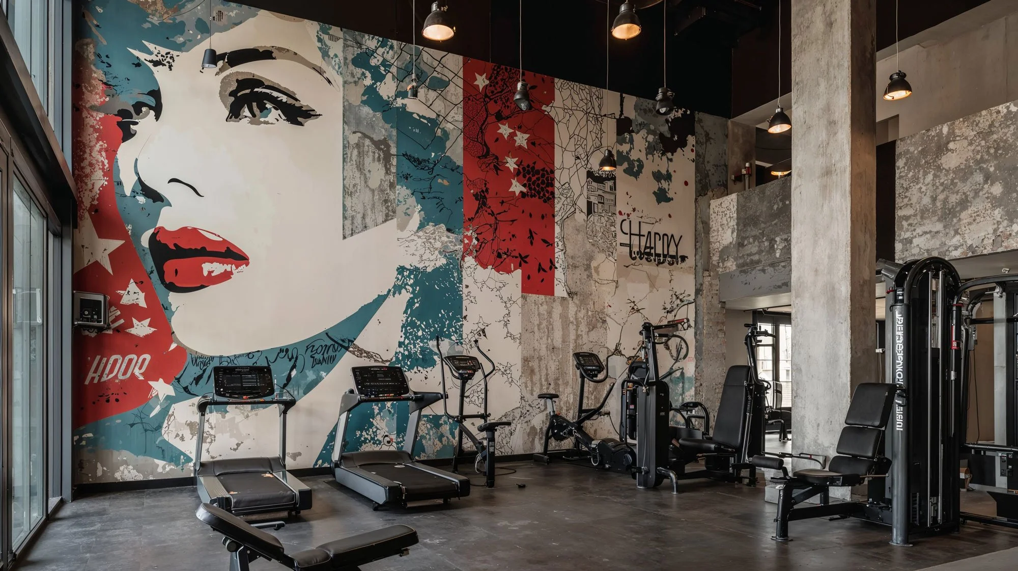 Gesicherter Fitnessraum mit Trainingsgeräten vor einer Wand mit Street-Art-Gemälde von Marilyn Monroe und französischer Flagge