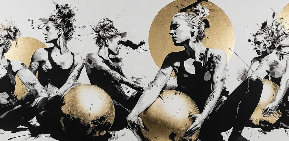 Schwarz-weiße Street Art mit Frauen, die schwarze Balls halten, ergänzt durch goldene Akzente und Kreise