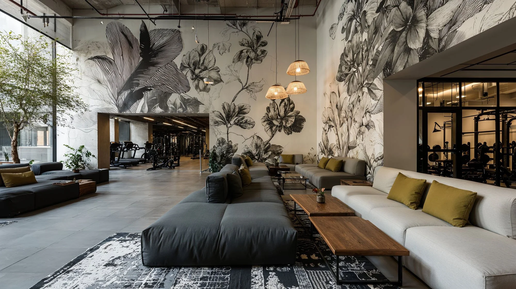 Ein modernes Fitnessstudio-Lounge-Bereich mit großen Wandmalereien von Blumen und Blättern, bequemen Sitzmöbeln, Tischen, Pflanzen und einem Blick auf den Fitnessbereich mit Geräten im Hintergrund.