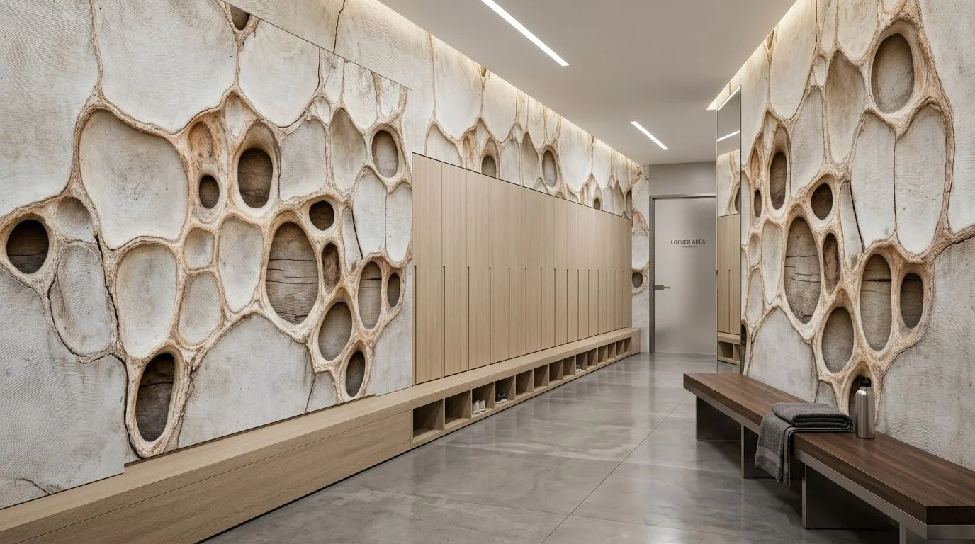 Ein moderner Flur mit Holzverkleidungen und einer einzigartigen Wandgestaltung mit großen, runden, holzstrukturierten Mustern.