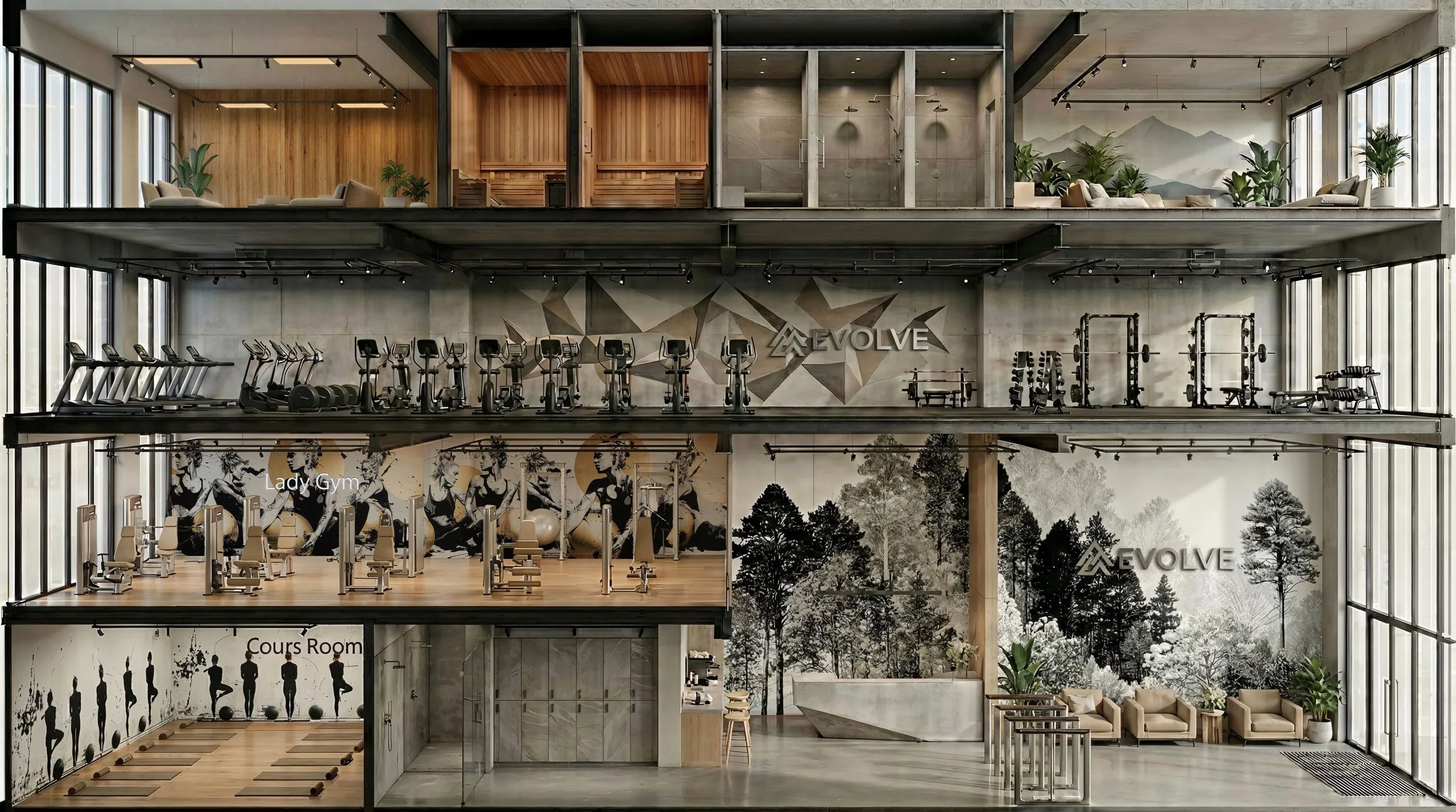 Mehrstöckiges Fitnessstudio mit verschiedenen Bereichen, große Fenster, Holzakzente, Sitzgelegenheiten, Wandkunst mit Naturmotiven, Trainingsgeräte in den oberen Etagen, Lounge-Bereich im Erdgeschoss, Beschriftungen wie "Lady Gym" und "Cours Room".