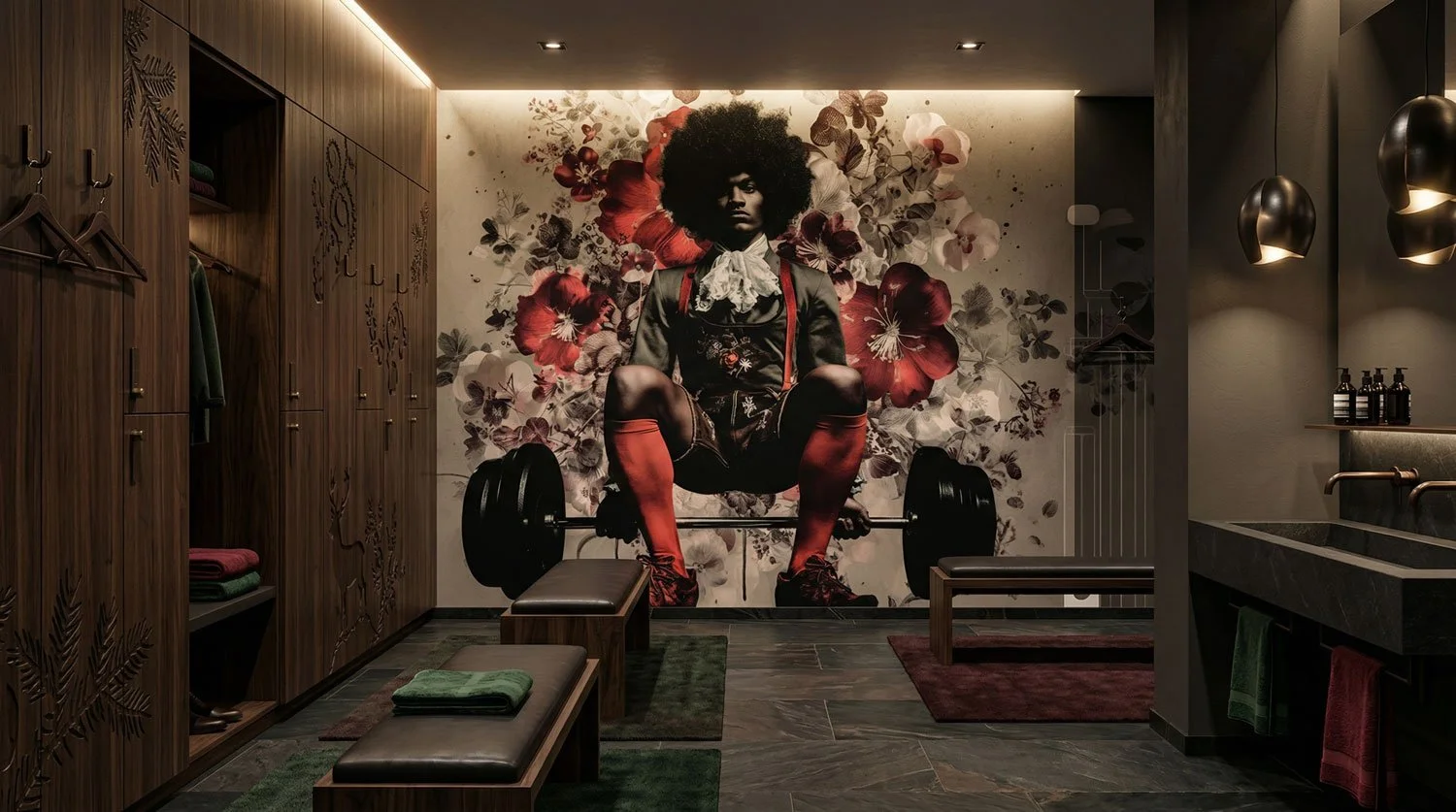 Innenraum eines Fitnessstudios mit einer großen Wandkunst eines schwarzen Mädchens mit Afro-Haar, das eine Workout-Pose einnimmt, umgeben von Blumenmustern.