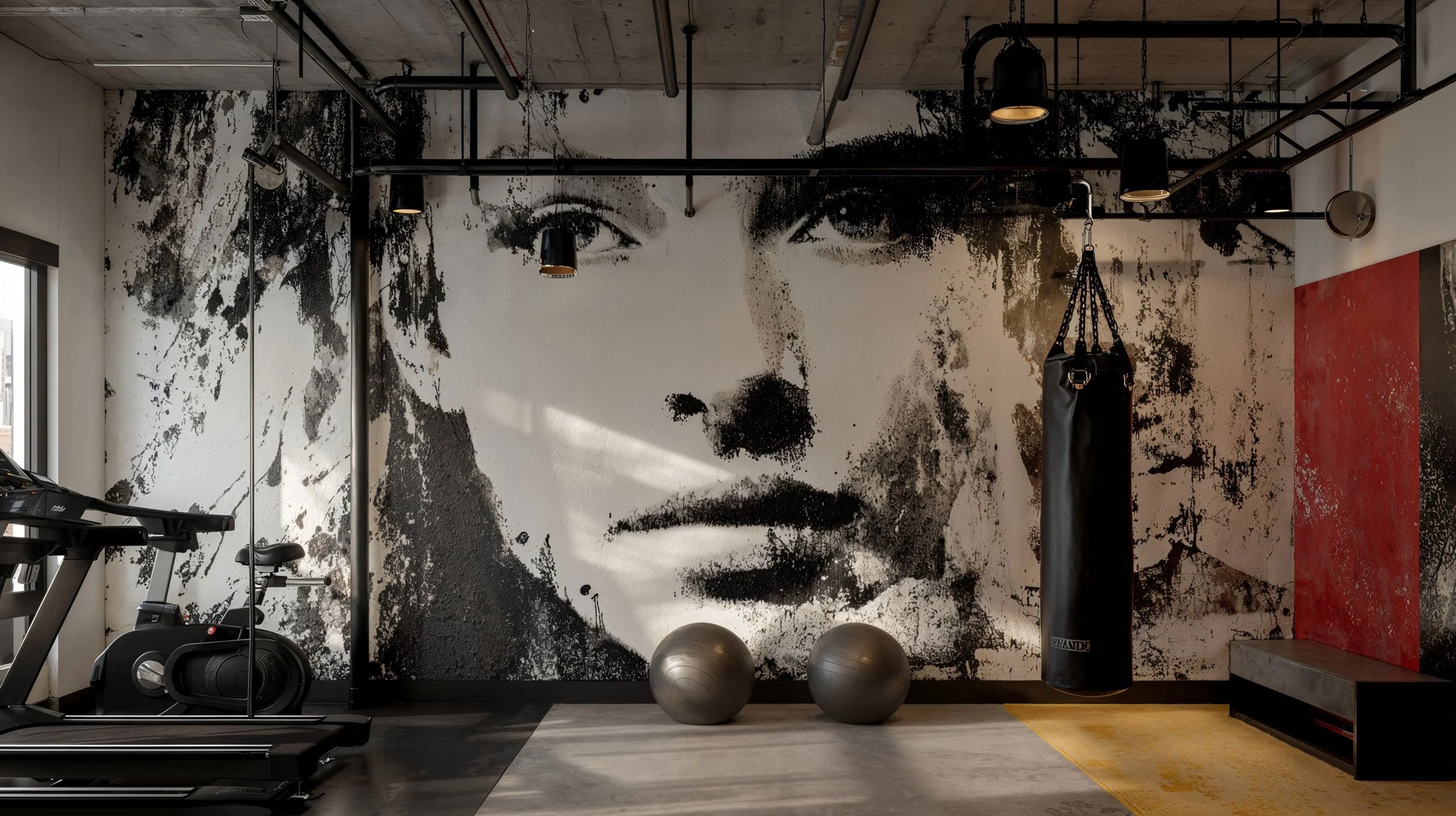 Fitnessraum mit Wandbild eines Gesichtsausschnitts einer Frau, Trimmgeräte, Gymnastikbälle, Boxsack, Sitzbank und Teppichboden.