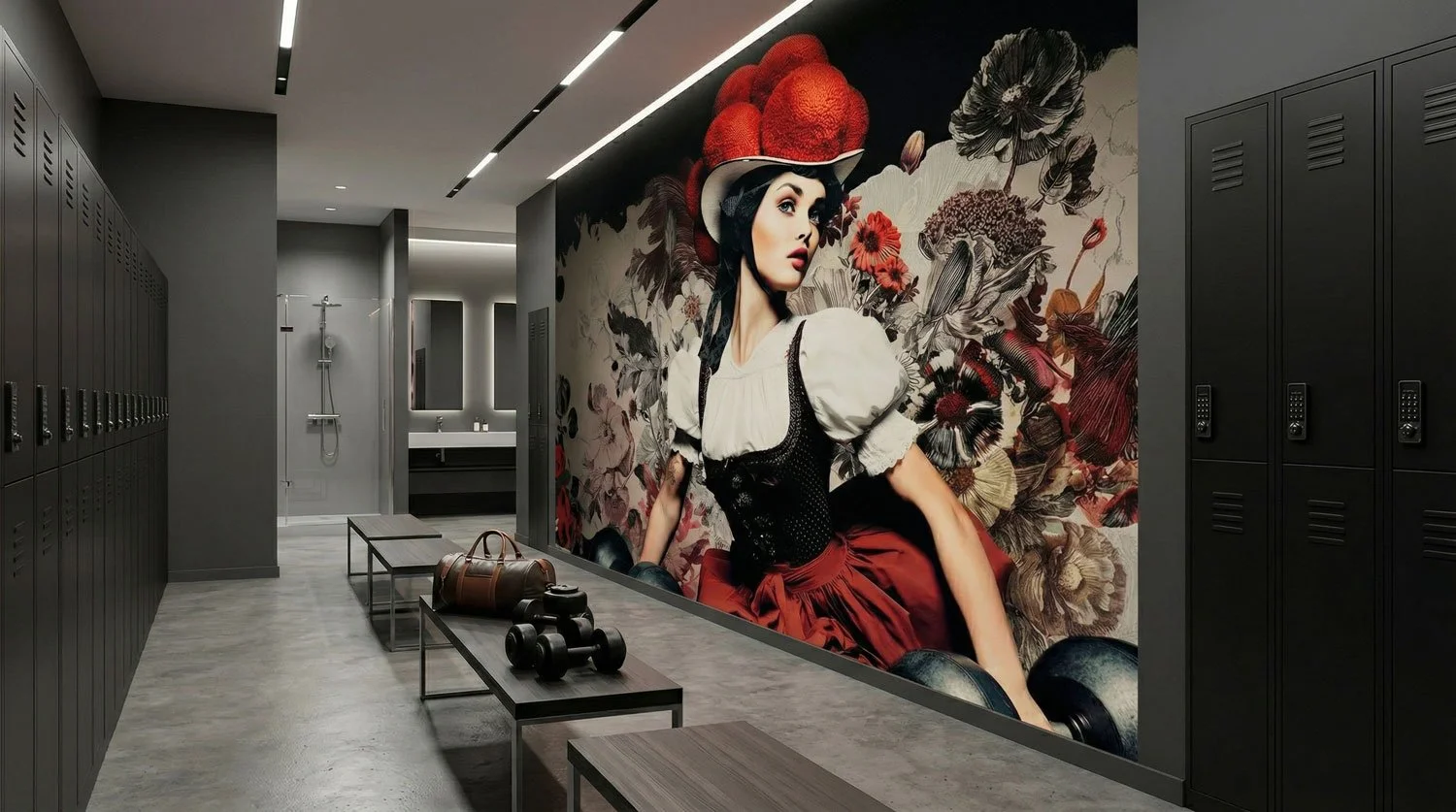 Ein Fitnessstudio mit Spinden auf der linken Seite, eine Bank mit Hanteln und einer Tasche in der Mitte, eine Dusche im Hintergrund, und eine große Wand mit einem Wandbild einer Frau in traditioneller Kleidung mit Blumen im Hintergrund.