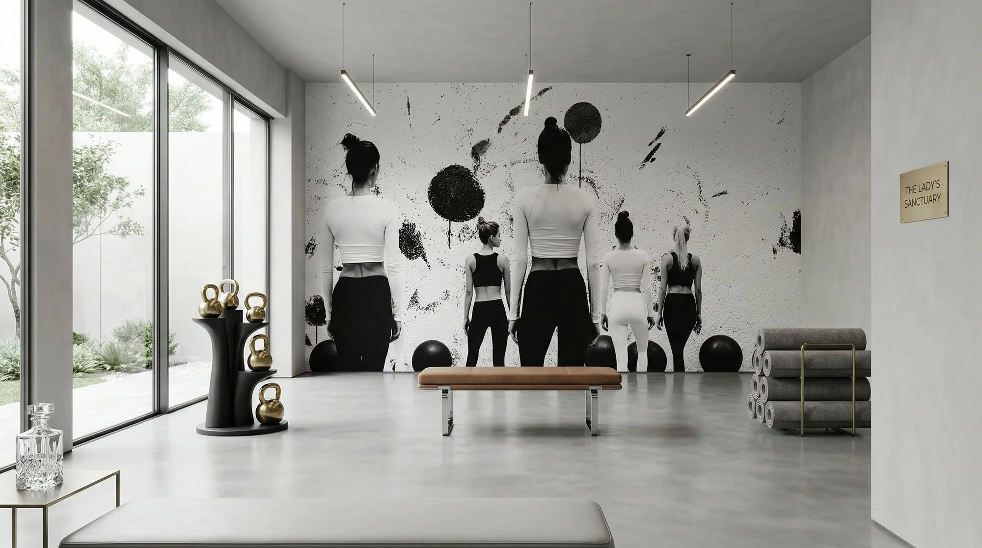 Innenraum eines Fitnessstudios mit grauem Boden, großen Fenstern, einer Wand mit abstraktem schwarzen Kunstwerk, Yogamatten, einem braunen Bank, schwarzen Medizinbällen und goldenen Hanteln. Auf dem Schild an der Wand steht 'The Lady's Sanctuary'.