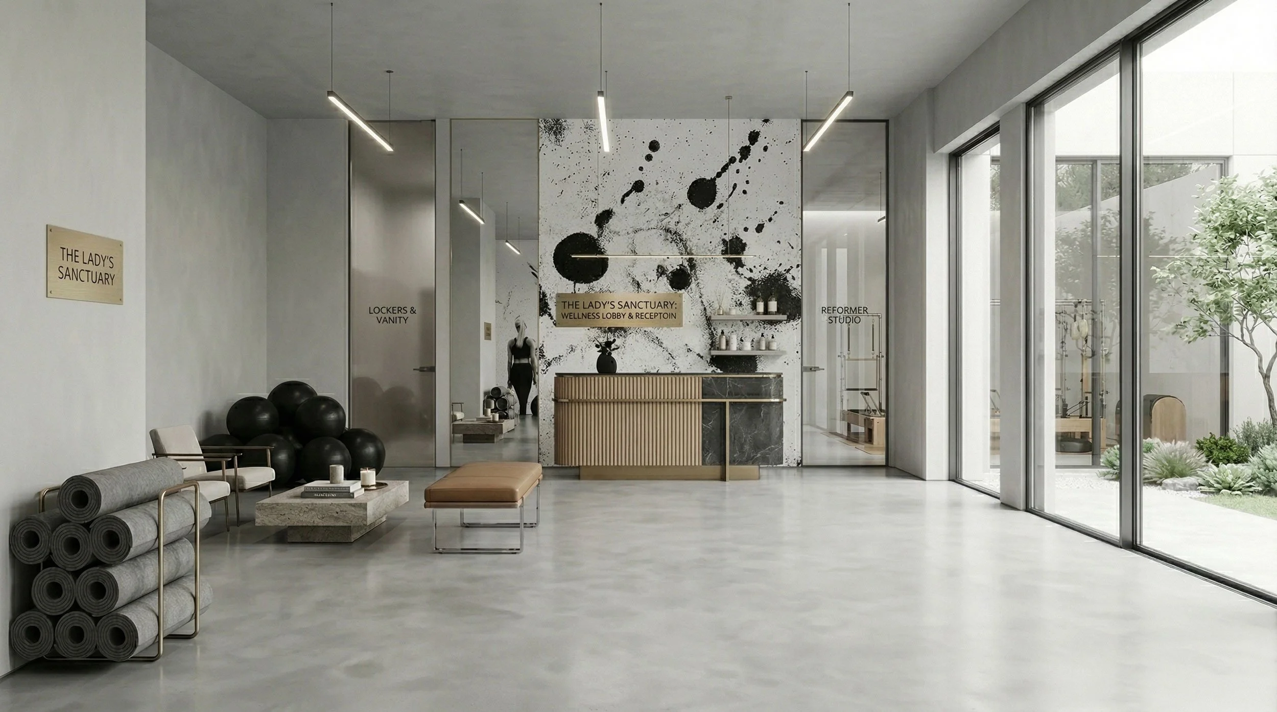 Moderne, minimalistische Lobby mit Sitzecke, schwarzem Fitnessball, Yoga-Matten, Wandkunst in Schwarz-Weiß, Begrüßungstresen und großem Fenster mit Blick auf Garten.