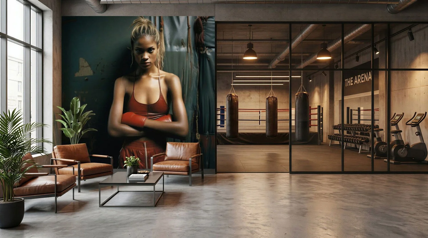 Ein moderner Fitnessraum mit einer großen Wandfotografie eines Models, der einen Fitnessraum mit Boxsäcken, Hanteln und Cardio-Geräten zeigt.