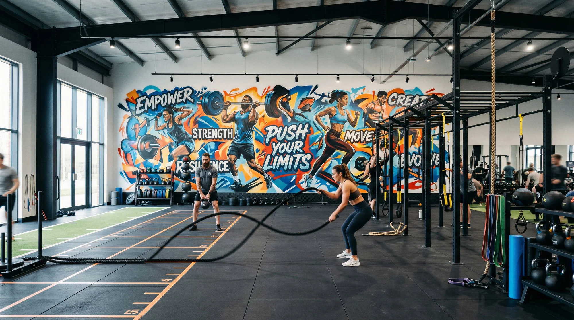 Innenraum eines Fitnessstudios mit Menschen beim Training, Wand mit Graffiti, das Wörter wie Empower, Strength, Push Your Limits zeigt, und Fitnessgeräte wie Kettlebells, Bänder und Ringen.