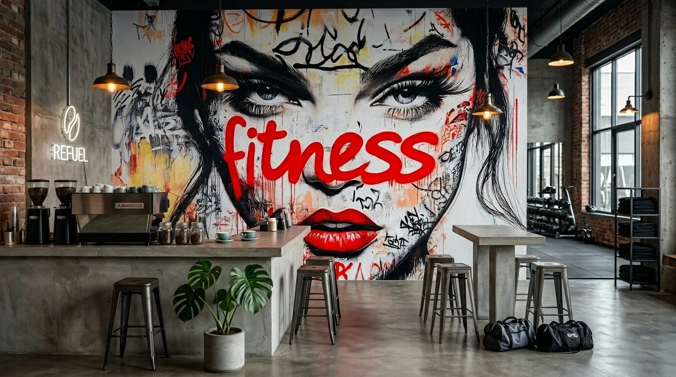 Ein Fitnessstudio mit einer großen Wandkunst eines Gesichts mit roten Lippen und 'fitness' in roter Schrift. Es gibt ein Café-Bereich mit Kaffeemaschine, Tassen, Stühlen und Tischen, sowie Hanteln und Gewichte im Hintergrund.