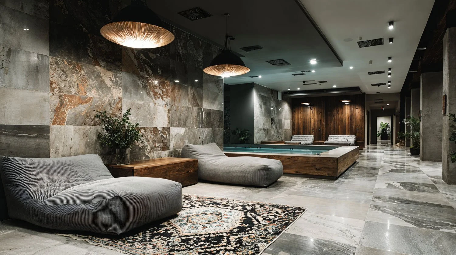 Innenansicht eines modernen Spa- oder Wellnessbereichs mit Lounge-Möbeln, einer rustikalen Holz-Wellnessbox mit Wasser und stilvoller Beleuchtung.