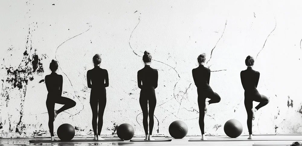 Fünf Frauen in Yogakleidung in Baumhaltung bei Yoga-Übung, jede mit einem Ball, vor einer alten, abgenutzten Wand in Schwarz-Weiß.