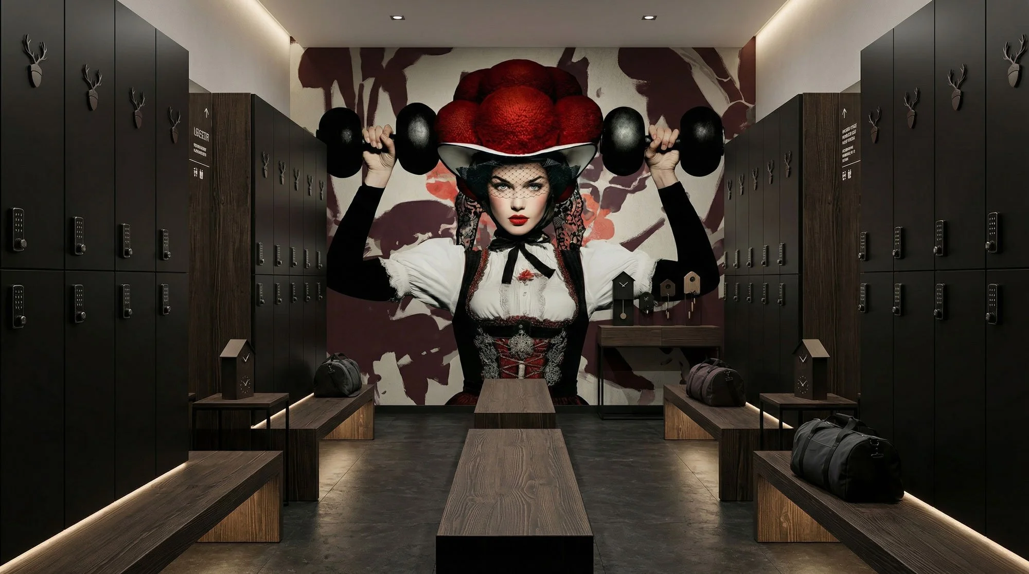 Ein moderner Spindraum mit dunklen Schließfächern an den Wänden, Holzbank und einer Wand mit einem Kunstmural einer Frau mit roten Haaren und fantasievollen Kleidung. Die Frau trägt einen großen roten Hut, schwarze Netzstrümpfe, rote Lippen und hält 