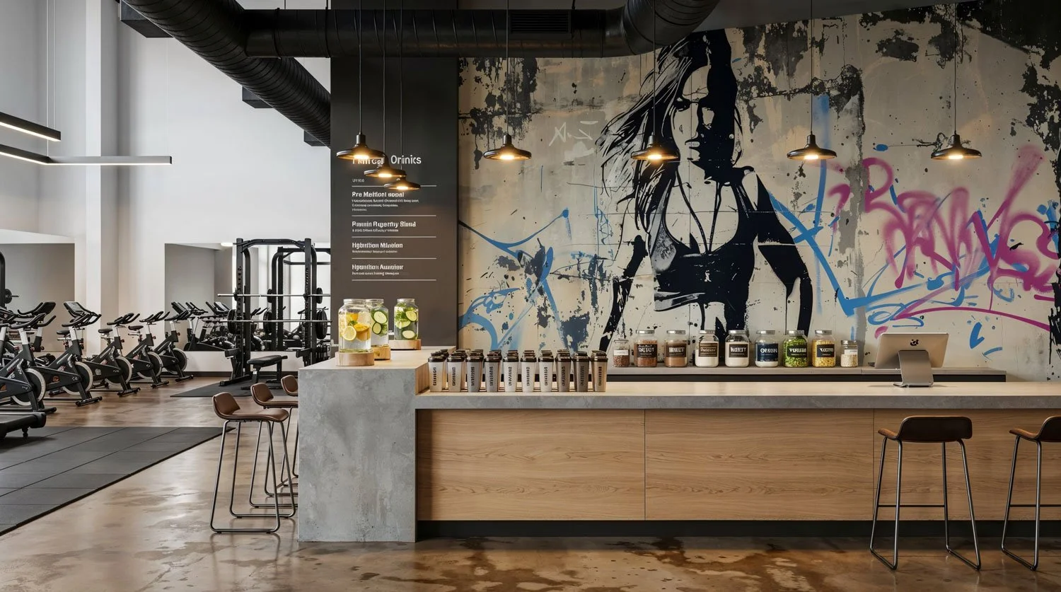 Innenansicht eines modernen Fitnessstudios mit einem Getränkebereich vor einer Graffiti-Wand, mehreren Trainingsmaschinen und Hanteln.