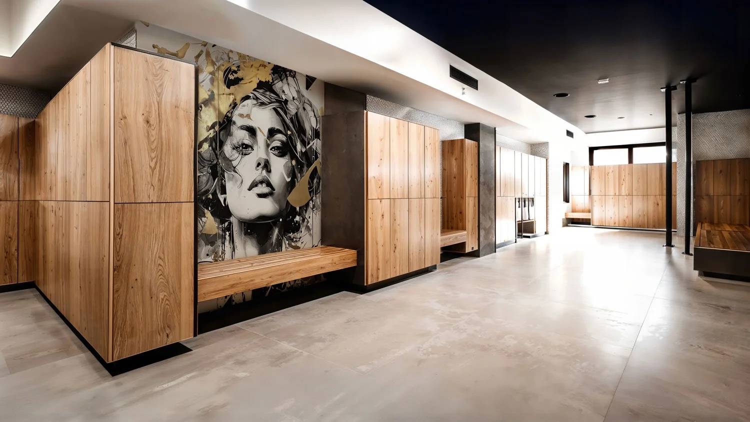 Moderner Eingangsbereich mit Holzmöbeln, grauem Boden und einer Wand mit Wandkunst eines Frauenporträts.