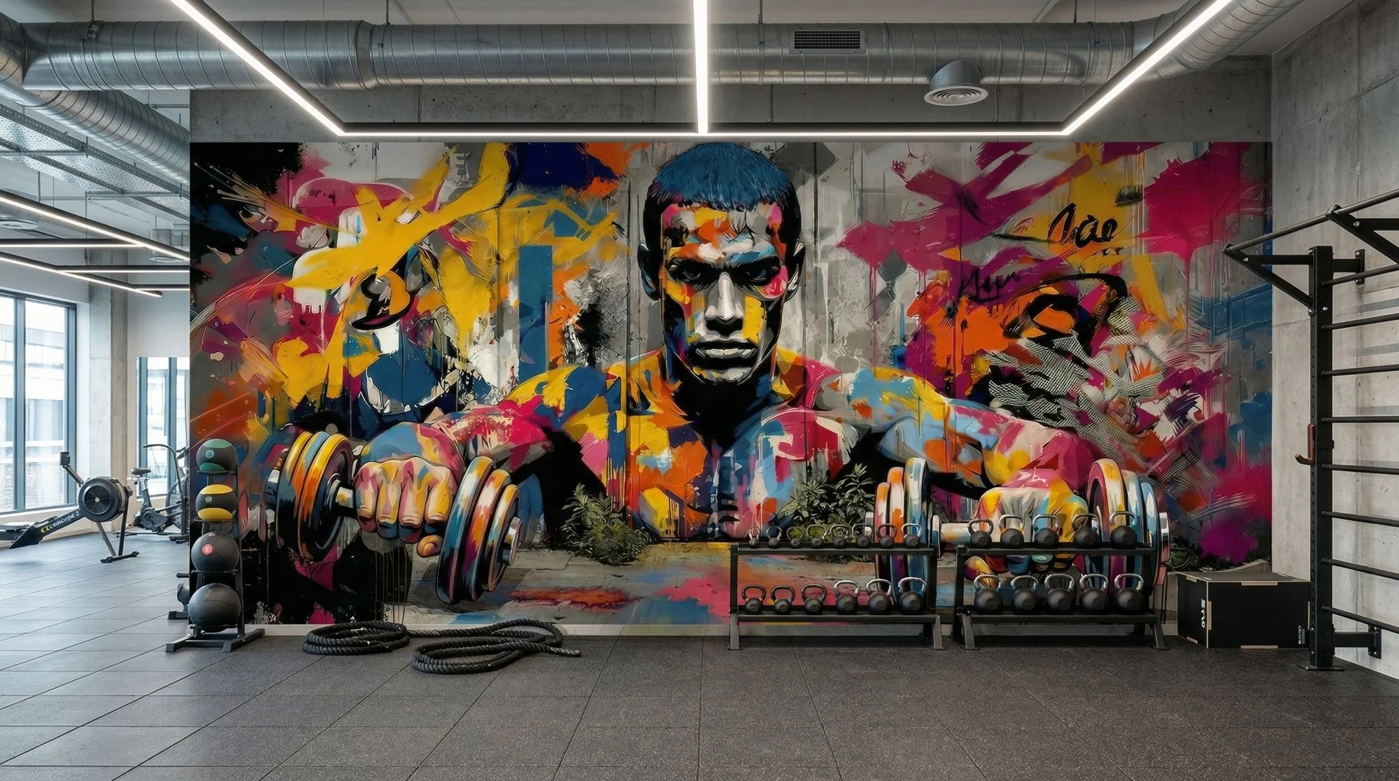 Kunstvolle Wandgemälde in einem Fitnessstudio mit einem sportlichen Mann, der Hantel stemmt, umgeben von bunten, abstrakten Farbspritzern und -streifen.