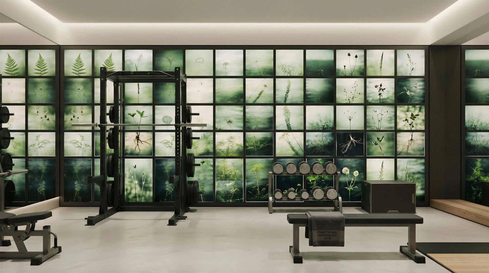 Moderner Fitnessraum mit schwarzen Hantelständern, Hanteln und einem Fitnessbank vor einer Wand mit Naturfotos