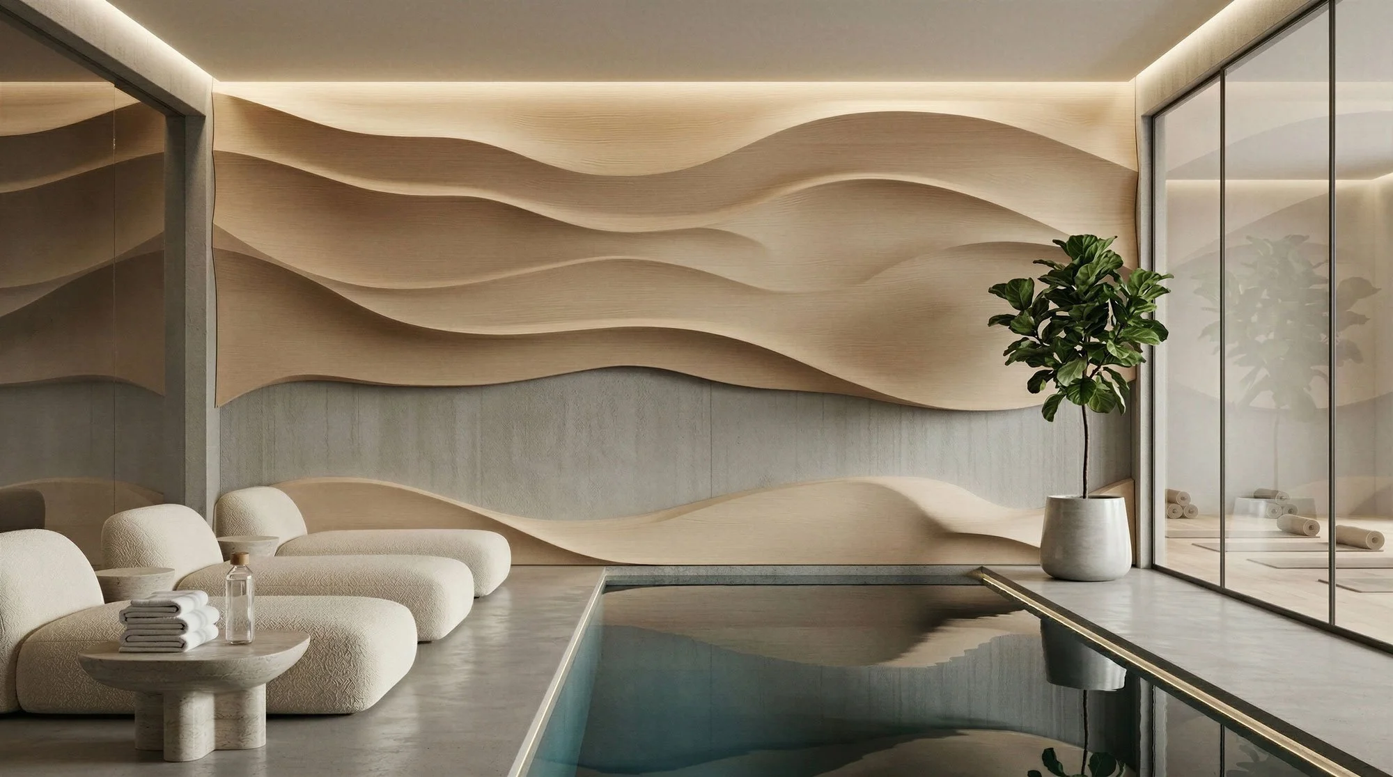 Innenraum mit beigefarbenen, gepolsterten Sitzmöbeln neben einem Wasserbecken, holzverzierte Wanddekoration mit Wellenmuster, eine große Topfpflanze, und große Glasfenster, die einen Fitnessraum sichtbar machen.