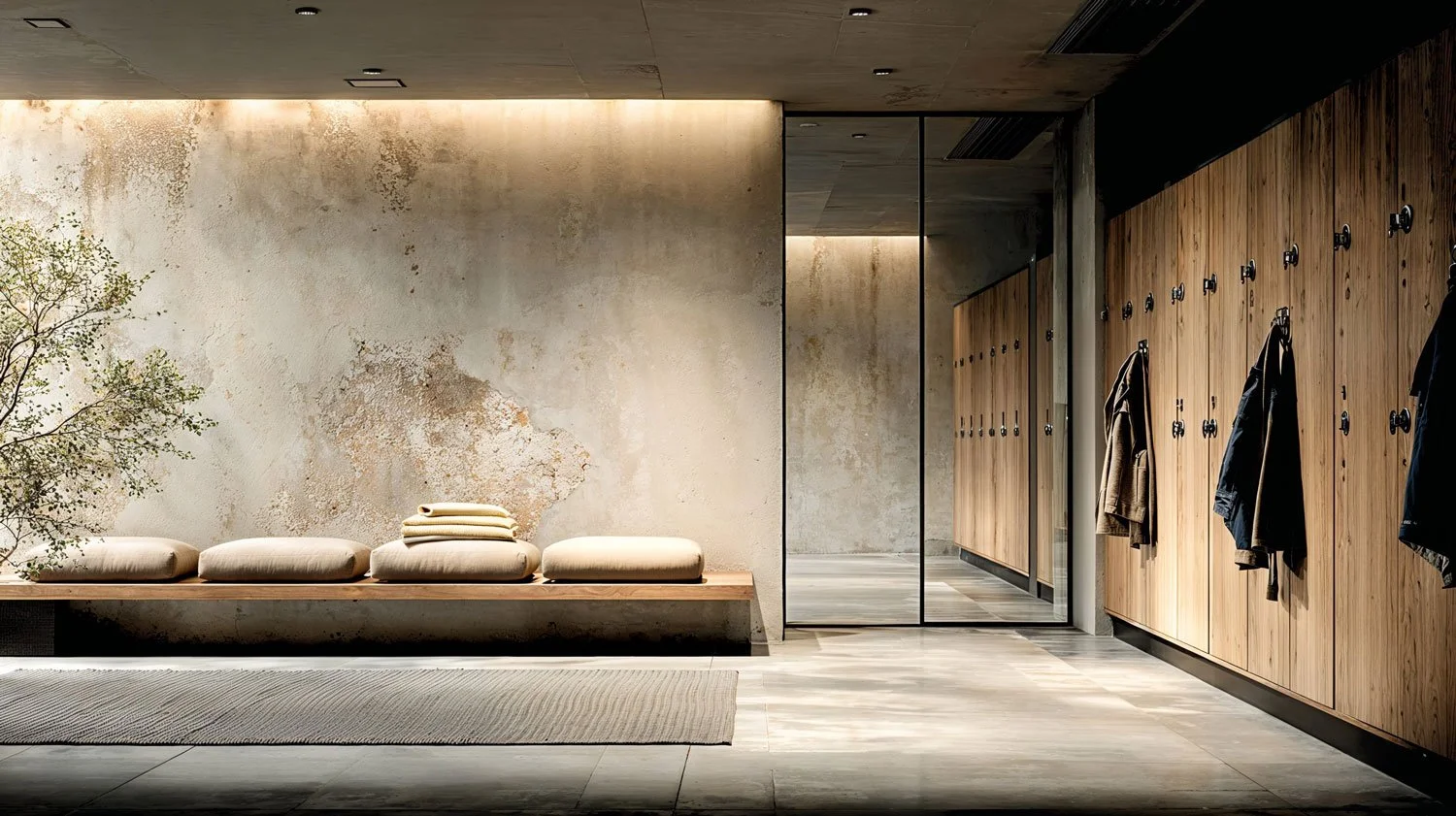 Schwitzraum mit Holzpanelen und Kleiderhaken, an der Wand sitzen gefaltete Handtücher, Glaswand mit Blick in das Duschen, und eine Bank mit Kissen, eine Pflanze im linken Bildbereich.