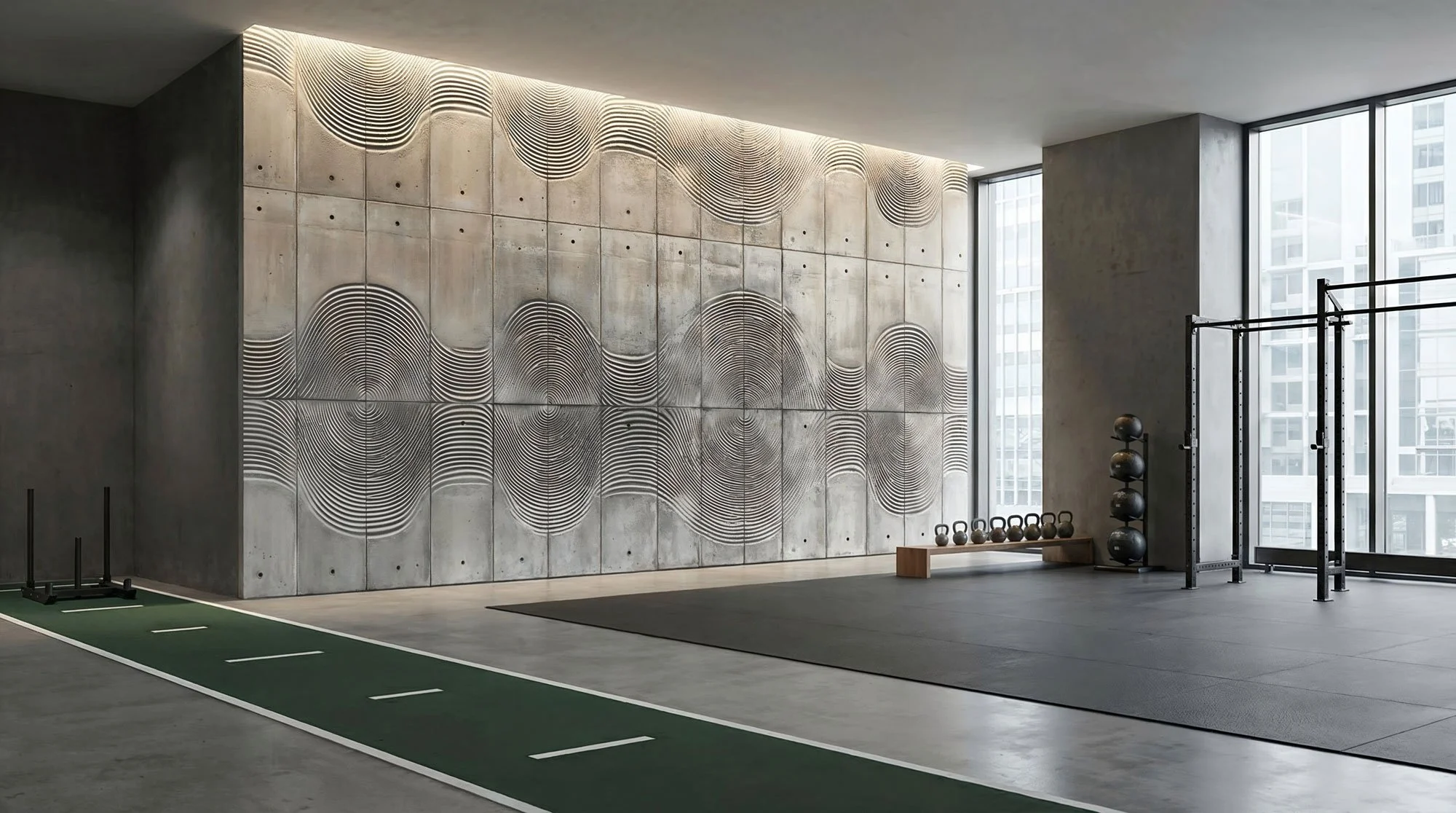 Modernes Fitnessstudio mit Hantelbank, Kugeln, Medizinbällen, Klettergerüst und Laufbahn, Blick auf große Fenster mit Stadtansicht, Wand mit abstraktem Wandbild.