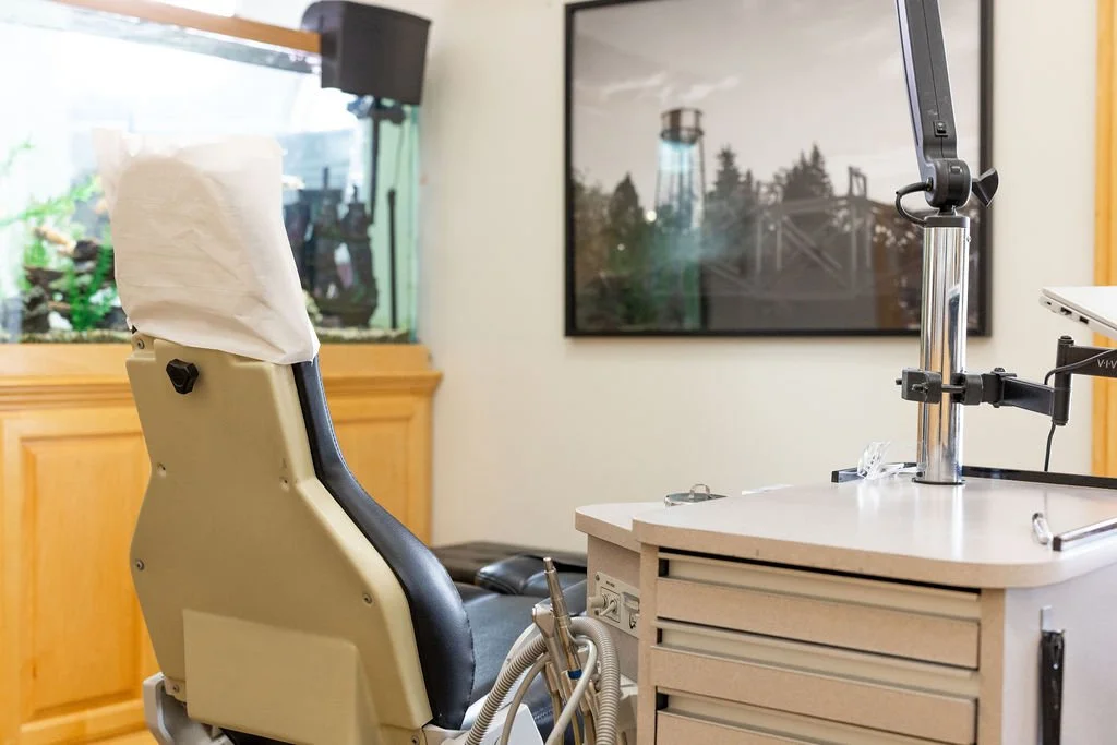 Dental chair in a dental clinic with dental equipment, a monitor, and a framed picture of a bridge in the background.