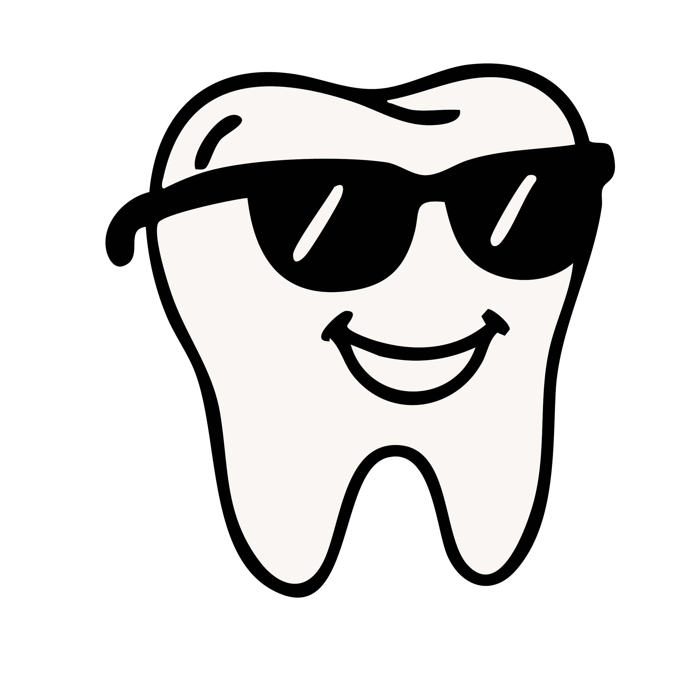 A cartoon tooth wearing sunglasses and smiling.