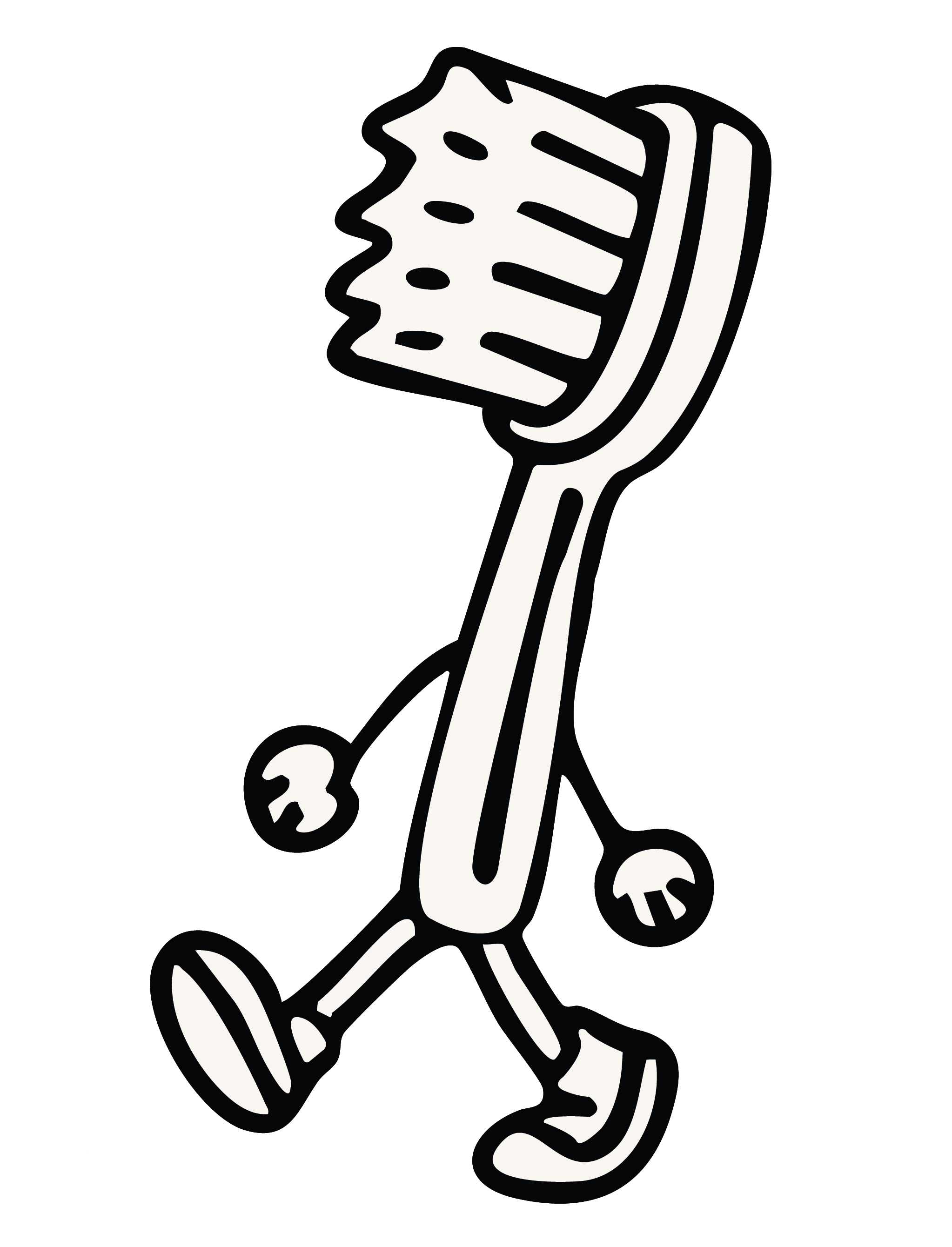 Black and white cartoon illustration of a toothbrush with a hand and arm attached, wearing a shoe, in a walking motion.