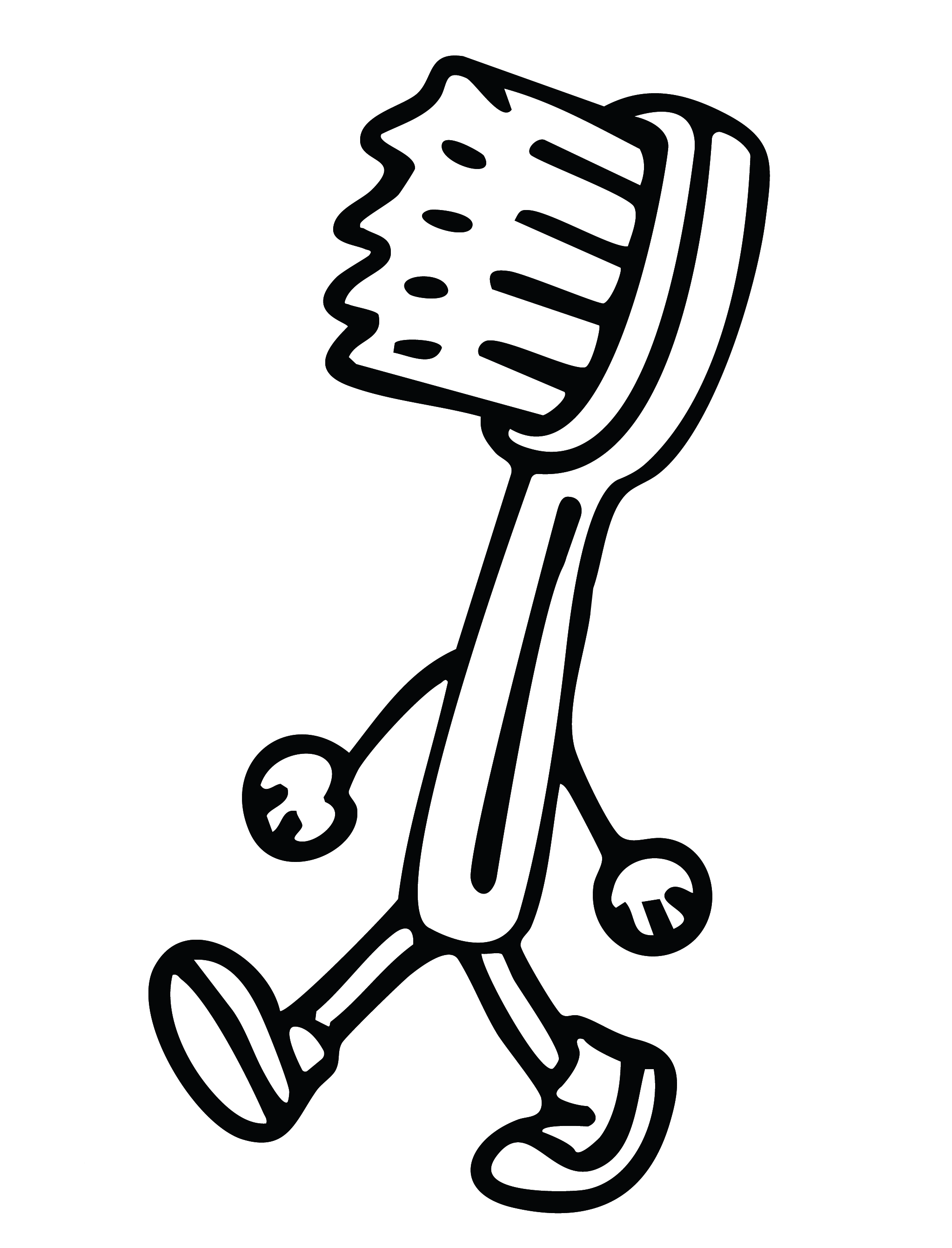 Outline drawing of a human figure with a large, rounded head and a long, thin body, walking with one arm raised, resembling a stylized cartoon character.