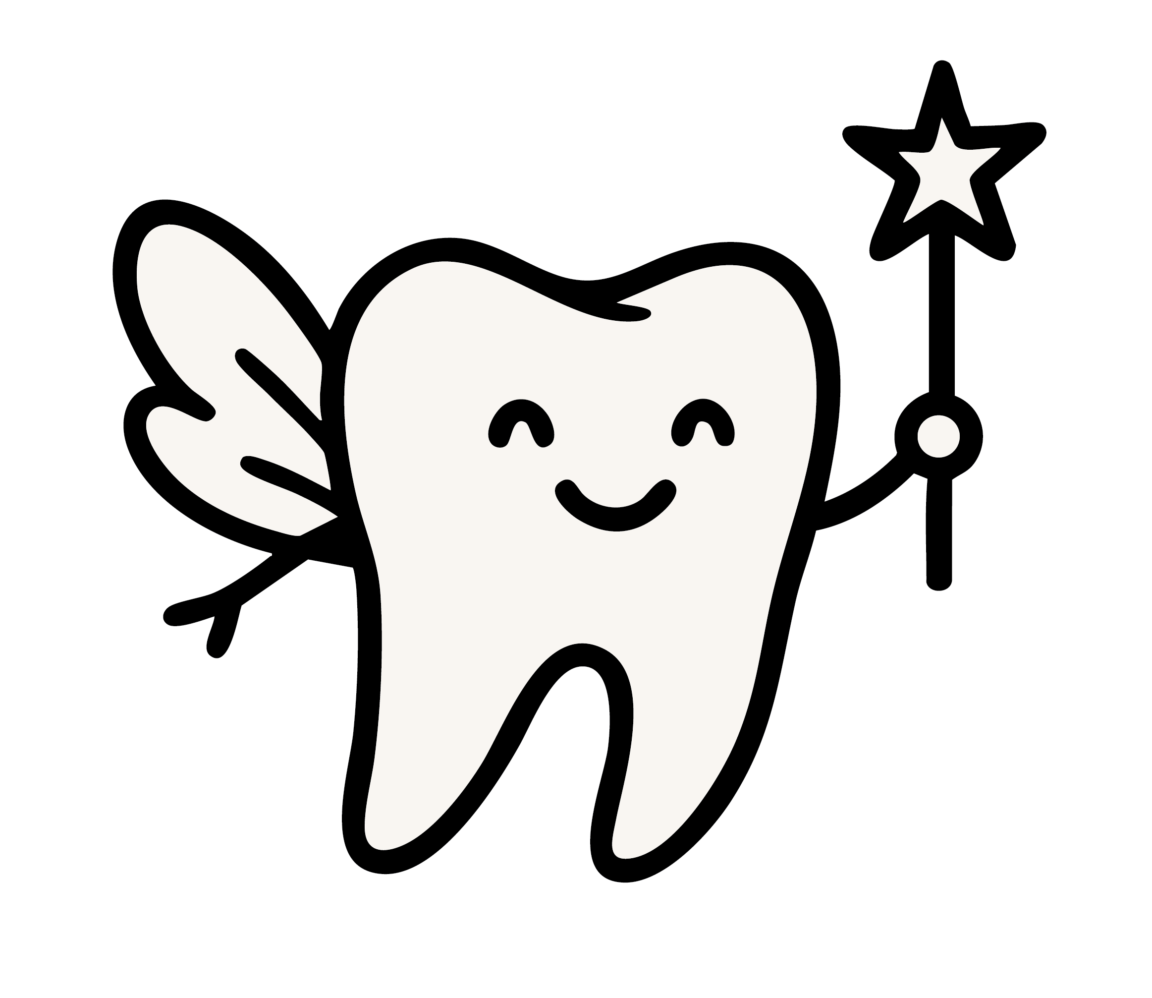 Cute cartoon tooth with a smiling face, blockading a fairy with a wing in the background, holding a magic wand with a star.