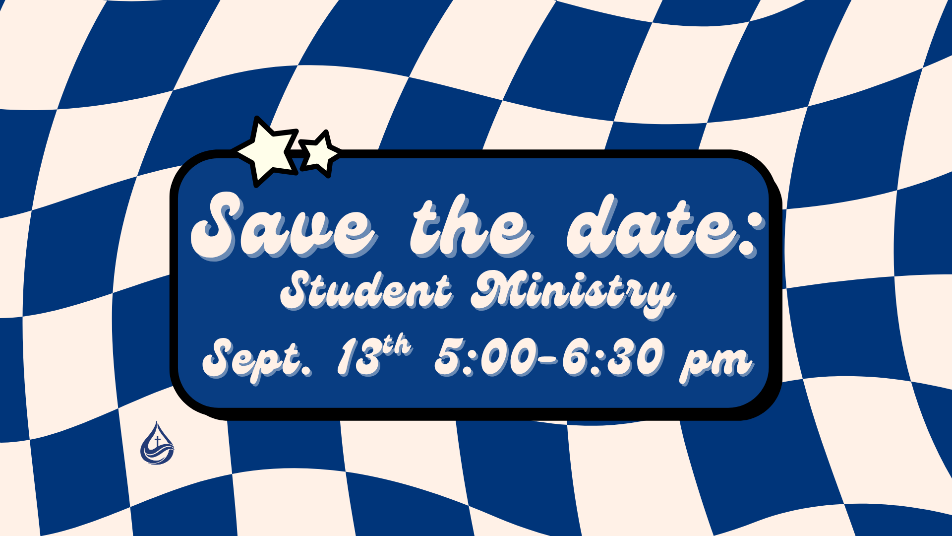 A digital graphic with a blue and white checkered background resembling a racing flag, announcing a student ministry event scheduled for September 13th from 5:00 to 6:30 pm.